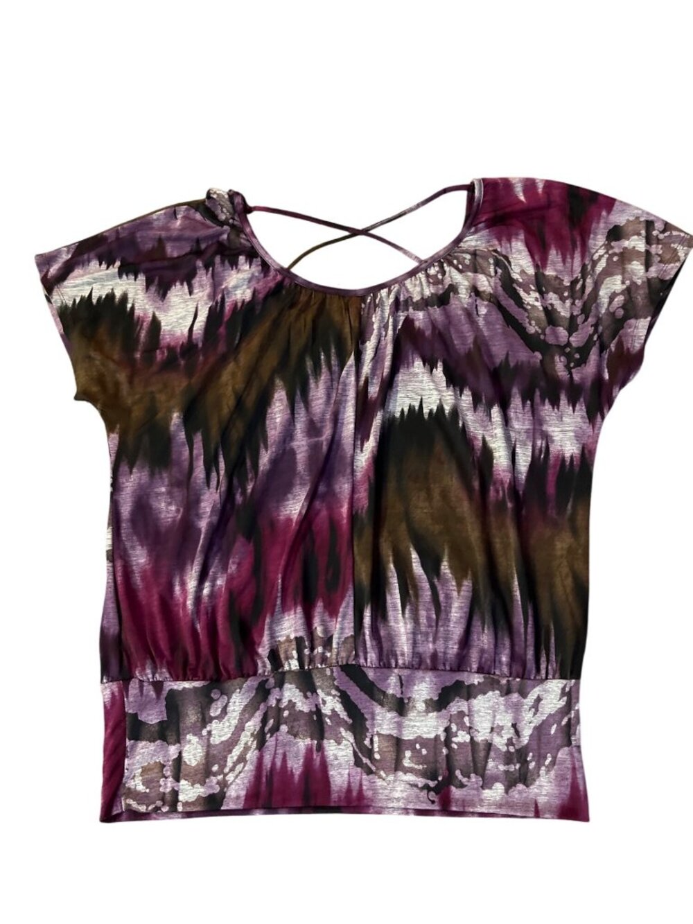 AB Studio Blouse Womens M Purple Black Stretch Criss Cross Back Used - Picture 2 of 10